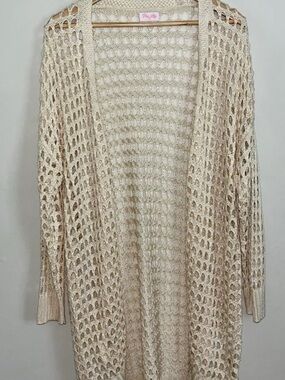 Pink Lily Open-Weave Cream Long Cardigan